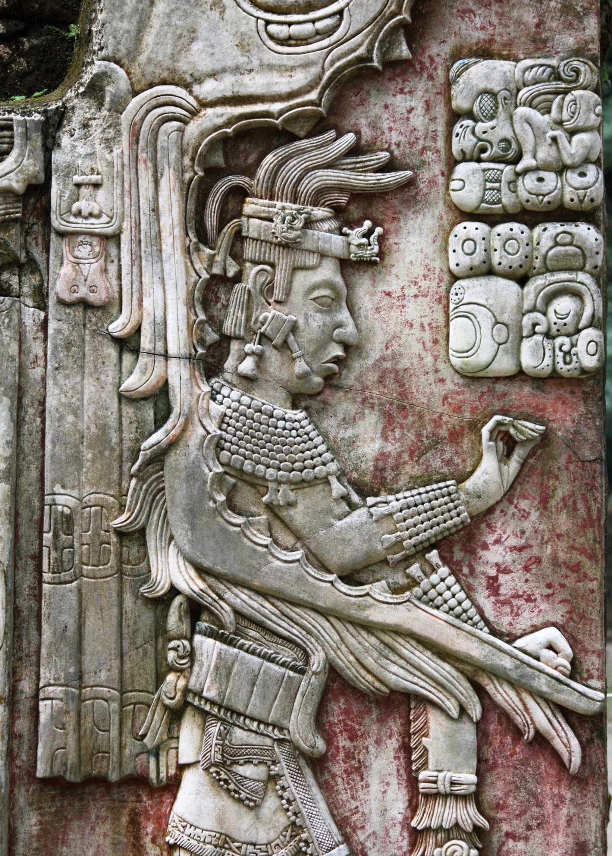 A limestone sculpture of the Mayan king Pakal from the archaeological site of Palenque in Chiapas, Mexico.