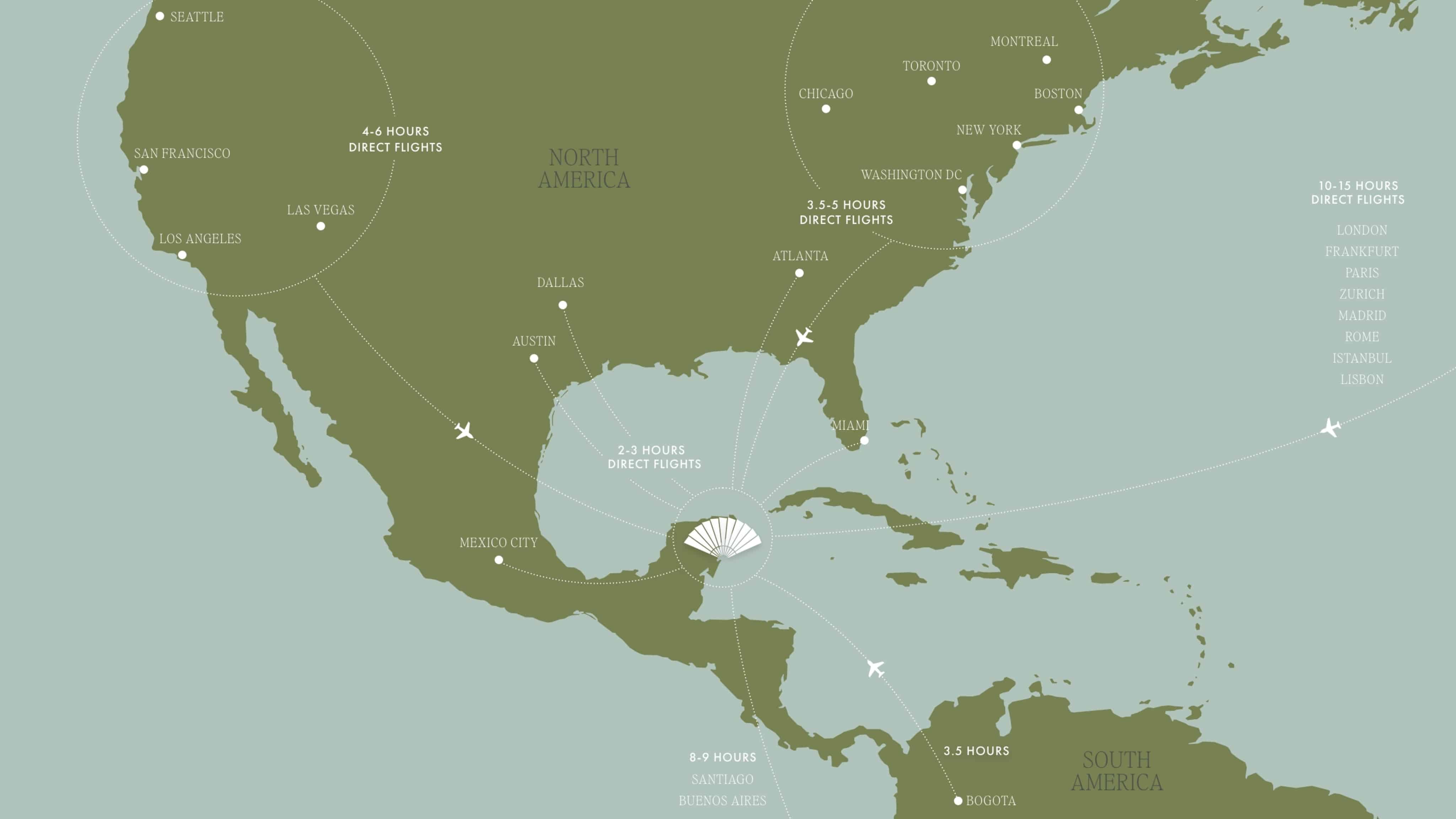 A map showcasing direct flights from around the world to Mexico's Kanai region, home of the Mandarin Oriental Resort.