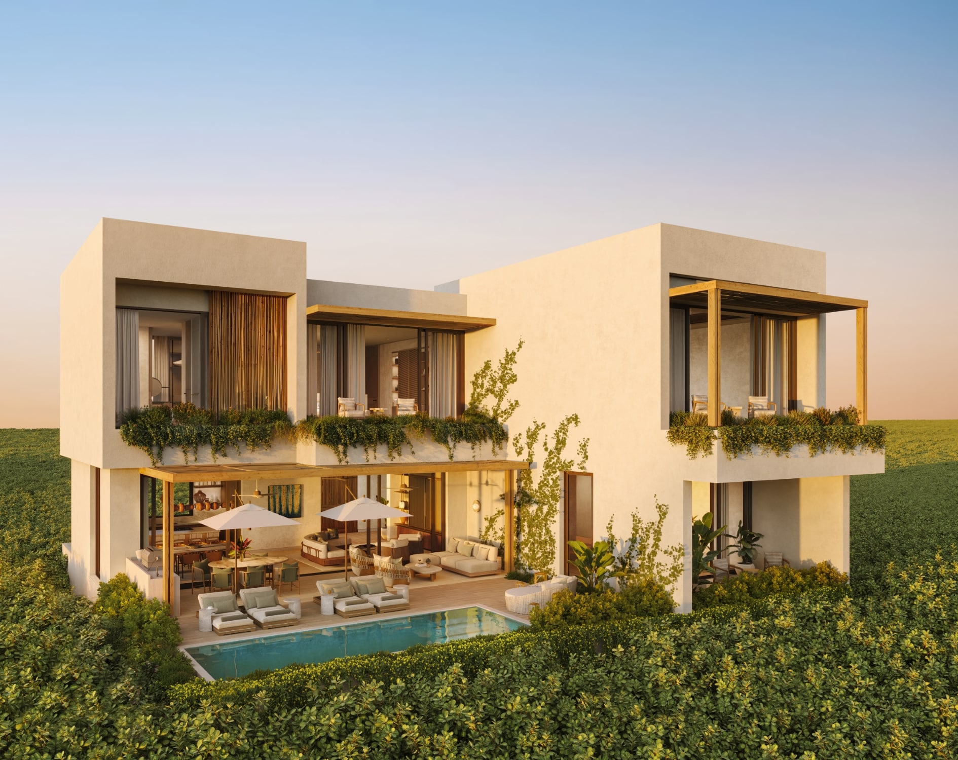 Aerial view of the Tierra Collection homes at Mandarin Oriental Kanai, ocean villa residences with mangrove and sea views.