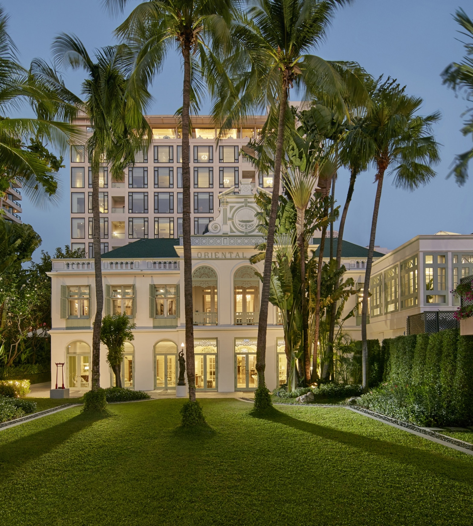 Exterior view of the historic Authors' Wing of the luxury hotel Mandarin Oriental in Bangkok, Thailand.