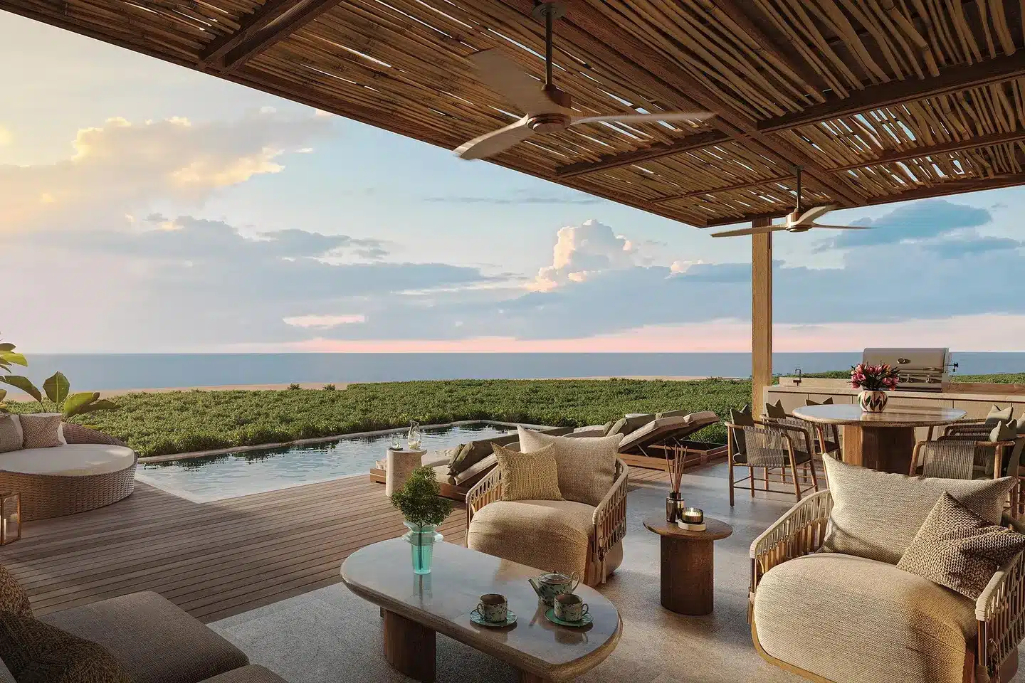 Outdoor living space at the Mandarin Oriental Residences Kanai in Riviera Maya, with a private plunge pool & ocean views.